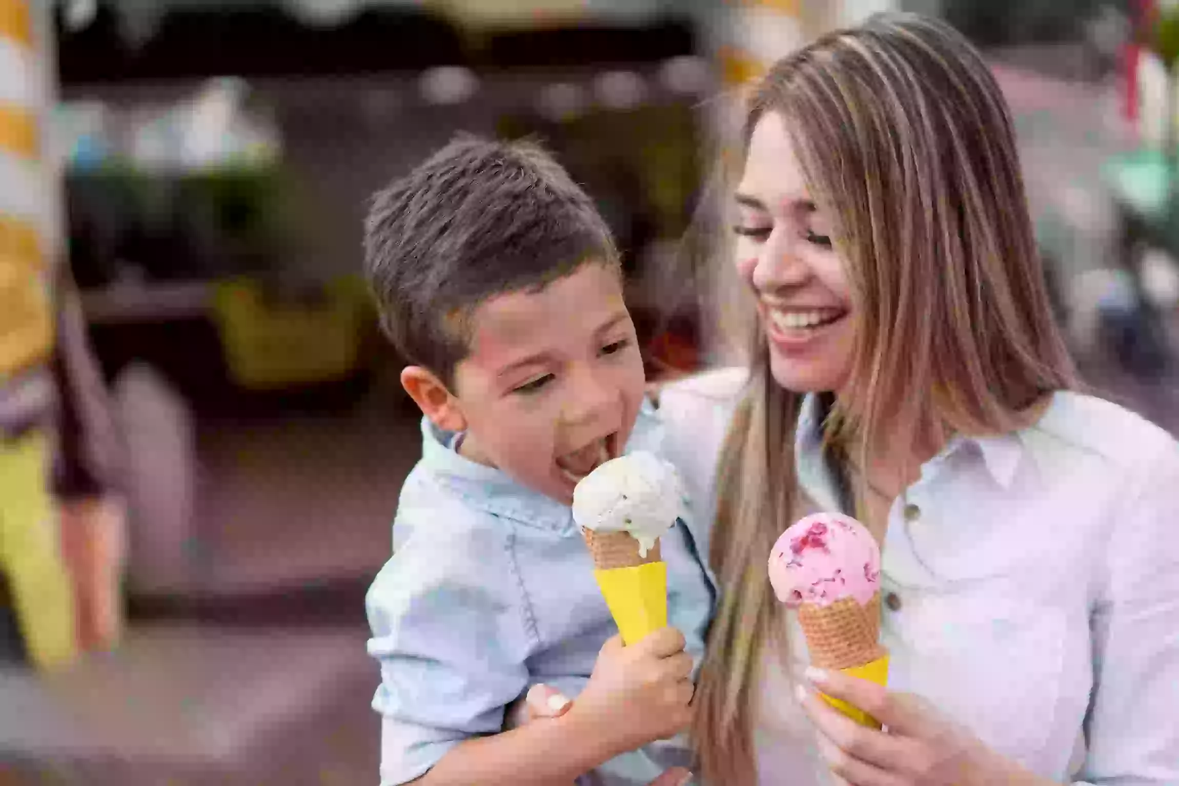mom and son enjoying ice cream
